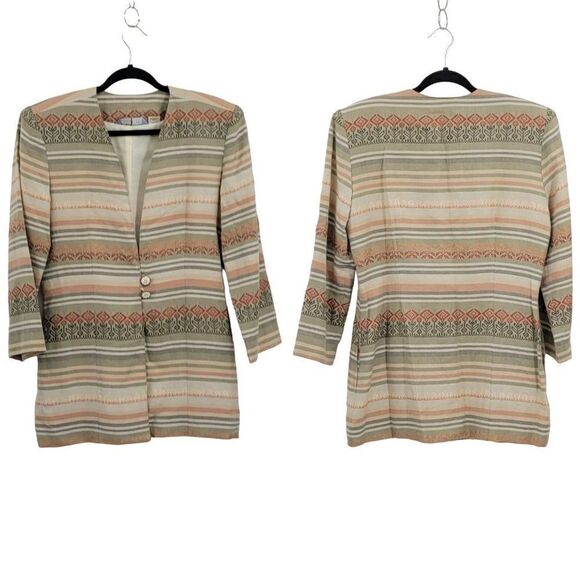 Vintage Southwestern Blazer M Sage Rust Linen Embroidered 2 Button Duster USA - Picture 1 of 17